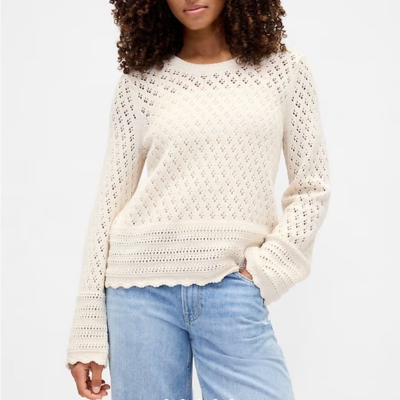 GAP Relaxed Pointelle Balloon Sleeve Sweater Cream Large L NWT NEW - Picture 13 of 14